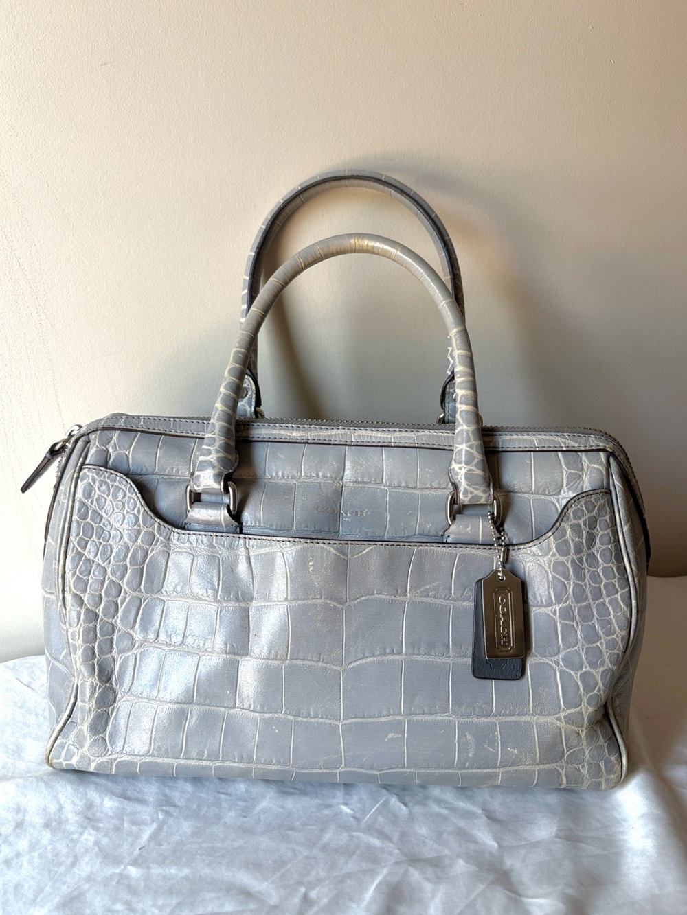 Coach Legacy Embossed Silver Grey Croc Leather Haley Satchel Handbag